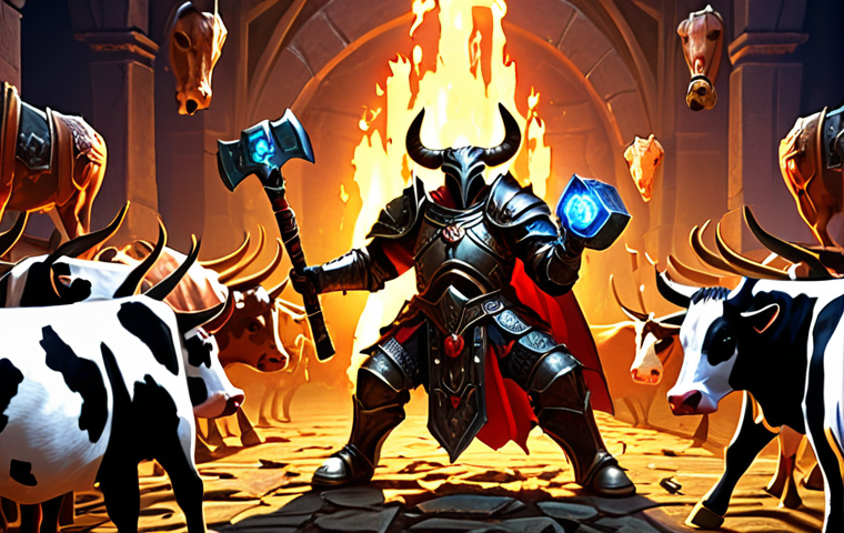 **"Diablo 2 Cow Level. A heavily armored Paladin, wielding a glowing hammer, surrounded by a horde of cartoonish cows. Loot and runes scattered on the ground. Vibrant colors, dynamic action scene, high fantasy."**