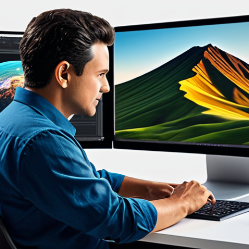 A focused, professional digital artist in a modest, professional work shirt and trousers, fully clothed, appropriate attire, sitting at a clean workstation in a modern, well-lit digital art studio. On the left monitor, a classic, slightly pixelated dark fantasy landscape is displayed. On the right monitor, the same landscape is shown but rendered with sharp details, vibrant colors, and enhanced textures, showcasing a clear visual upgrade. The artist is looking intently at the screens with a slight smile of satisfaction. Professional photography, high resolution, perfect anatomy, correct proportions, natural pose, well-formed hands, proper finger count, natural body proportions, safe for work, appropriate content, modest, family-friendly.