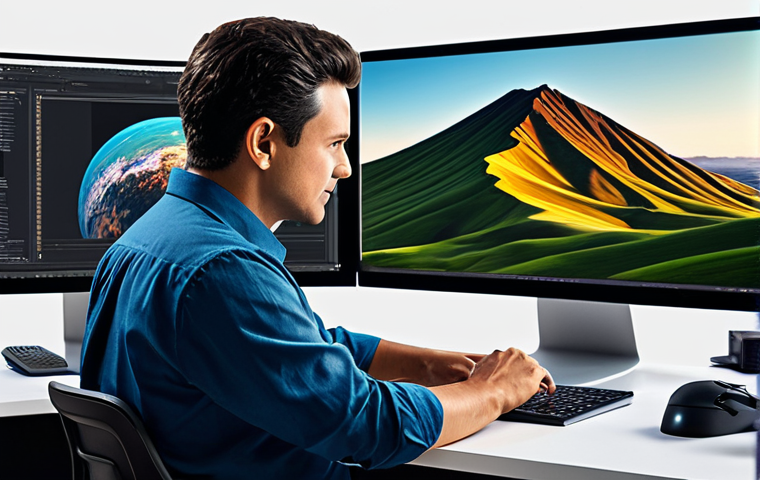 A focused, professional digital artist in a modest, professional work shirt and trousers, fully clothed, appropriate attire, sitting at a clean workstation in a modern, well-lit digital art studio. On the left monitor, a classic, slightly pixelated dark fantasy landscape is displayed. On the right monitor, the same landscape is shown but rendered with sharp details, vibrant colors, and enhanced textures, showcasing a clear visual upgrade. The artist is looking intently at the screens with a slight smile of satisfaction. Professional photography, high resolution, perfect anatomy, correct proportions, natural pose, well-formed hands, proper finger count, natural body proportions, safe for work, appropriate content, modest, family-friendly.