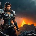 디아블로2 명예의 전당 탐방 - A dynamic scene depicting a legendary Diablo II Amazon archer in detailed fantasy armor, wearing pro...