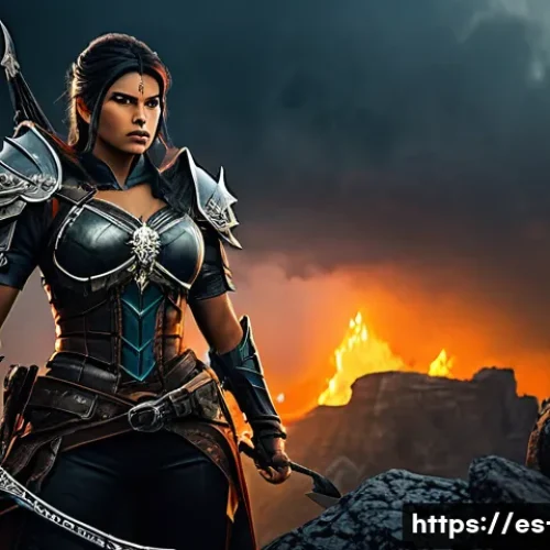 디아블로2 명예의 전당 탐방 - A dynamic scene depicting a legendary Diablo II Amazon archer in detailed fantasy armor, wearing pro...