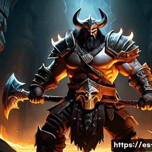 디아블로2 가이드북 PDF 다운로드 - A dynamic battle scene featuring a Barbarian warrior clad in sturdy, detailed leather armor and wiel...