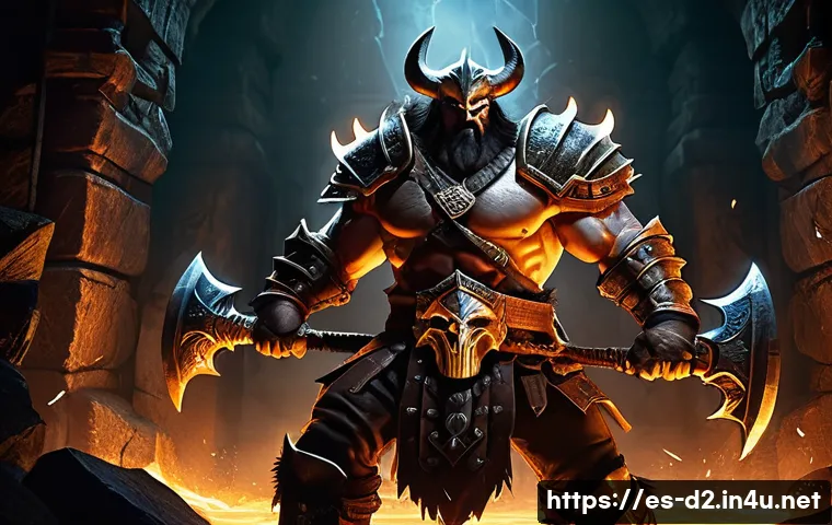디아블로2 가이드북 PDF 다운로드 - A dynamic battle scene featuring a Barbarian warrior clad in sturdy, detailed leather armor and wiel...