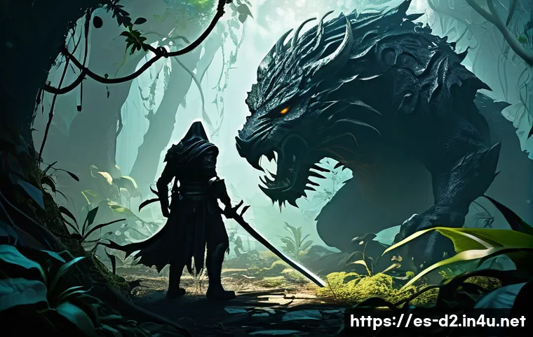 디아블로2 고급 아이템 파밍 루트 - A dark, dense jungle scene from a fantasy game environment, filled with menacing beasts and demonic ...