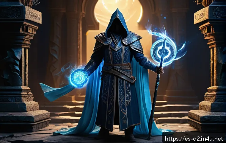 디아블로2 세트 효과 비교 - A powerful sorcerer character wearing the full Tal Rasha set, featuring intricate glowing robes ador...