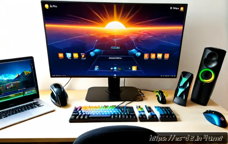 Home 17 디아블로2 필수 유틸리티 프로그램 - Photorealistic overhead view of a Spanish gamer’s organized desktop in a bright Madrid apartment, wi...