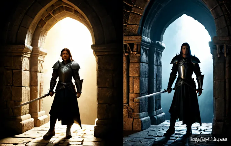 Home 30 디아블로2 디아블로3와의 차이 - Photorealistic cinematic split-scene comparison of two dark fantasy action role-playing game eras: l...